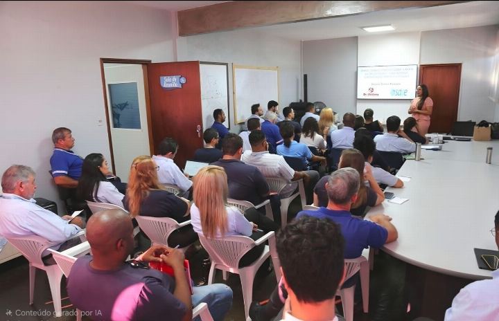 Plateia numerosa acompanhando a palestra em salão com cadeiras dispostas em fileiras
